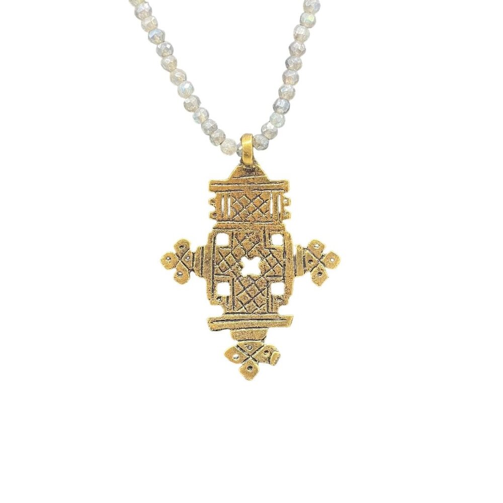 Beaded Labradorite Cross Pendant Necklace Gold Tone Classic Religion